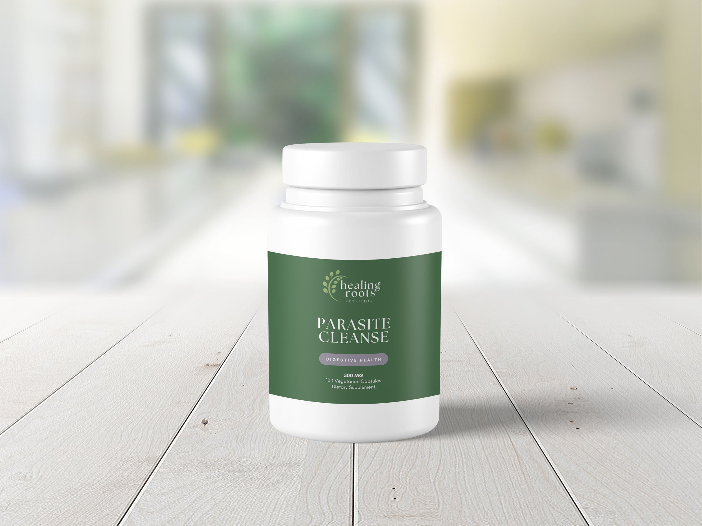 The image showcases a white, opaque plastic bottle of “Healing Roots Nutrition” brand “Parasite Cleanse” dietary supplement on a light-colored wooden surface, with a muted olive green label reading 'PARASITE CLEANSE' and 'DIGESTIVE HEALTH' — natural wellness product photography.